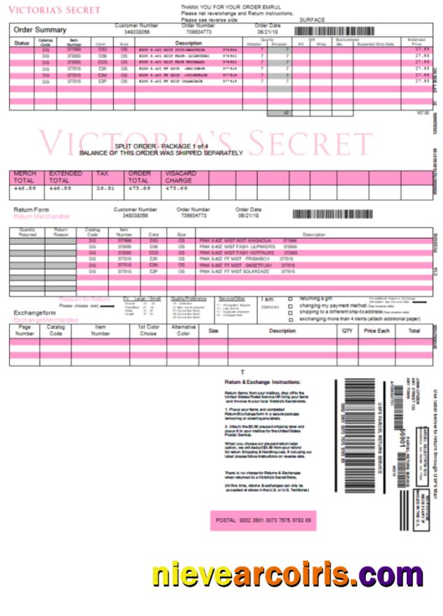 USA Victoria Secret invoice